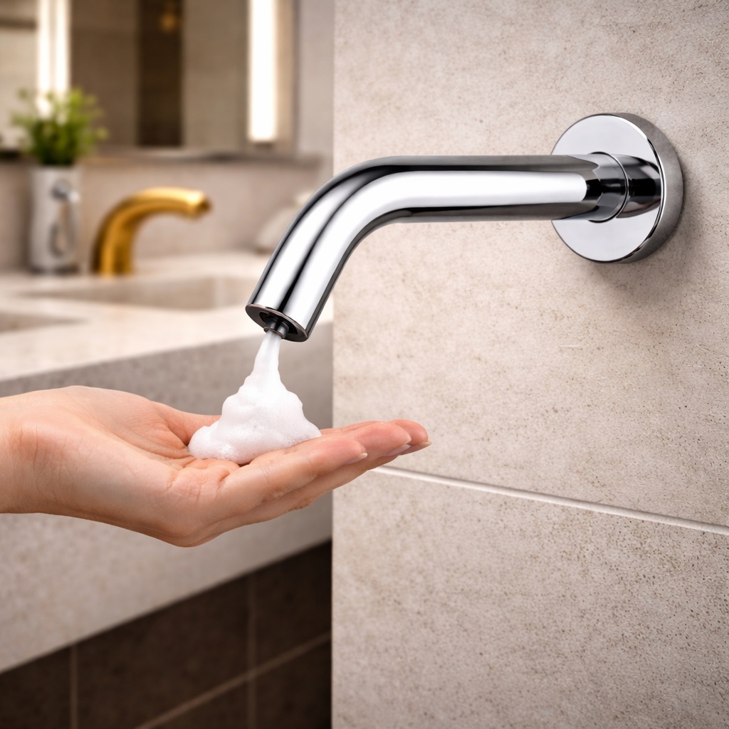 Hands-free activation example for wall mount automatic soap dispenser FS9818, showing sensor trigger near outlet